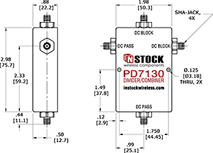 DC Blocking, T-Style, 3-Way, SMA, RF Splitter Combiner Outline Drawing