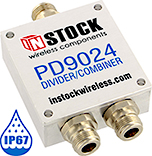 PD9024, IP67 outdoor weatherproof 2-way power divider combiner with N type coaxial connectors spanning 698-2700 MHz