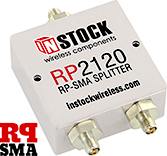 RP2120, 2-way power divider combiner with RP-SMA coaxial connectors spanning 698-2700 MHz