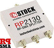 RP2130, 3-way power divider combiner with RP-SMA coaxial connectors spanning 698-2700 MHz