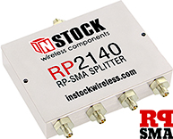 RP2140, 4-way power divider combiner with RP-SMA coaxial connectors spanning 698-2700 MHz