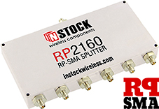 RP2160, 6-way power divider combiner with RP-SMA coaxial connectors spanning 698-2700 MHz