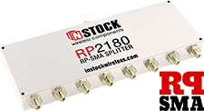 RP2180, 8-way power divider combiner with RP-SMA coaxial connectors spanning 698-2700 MHz